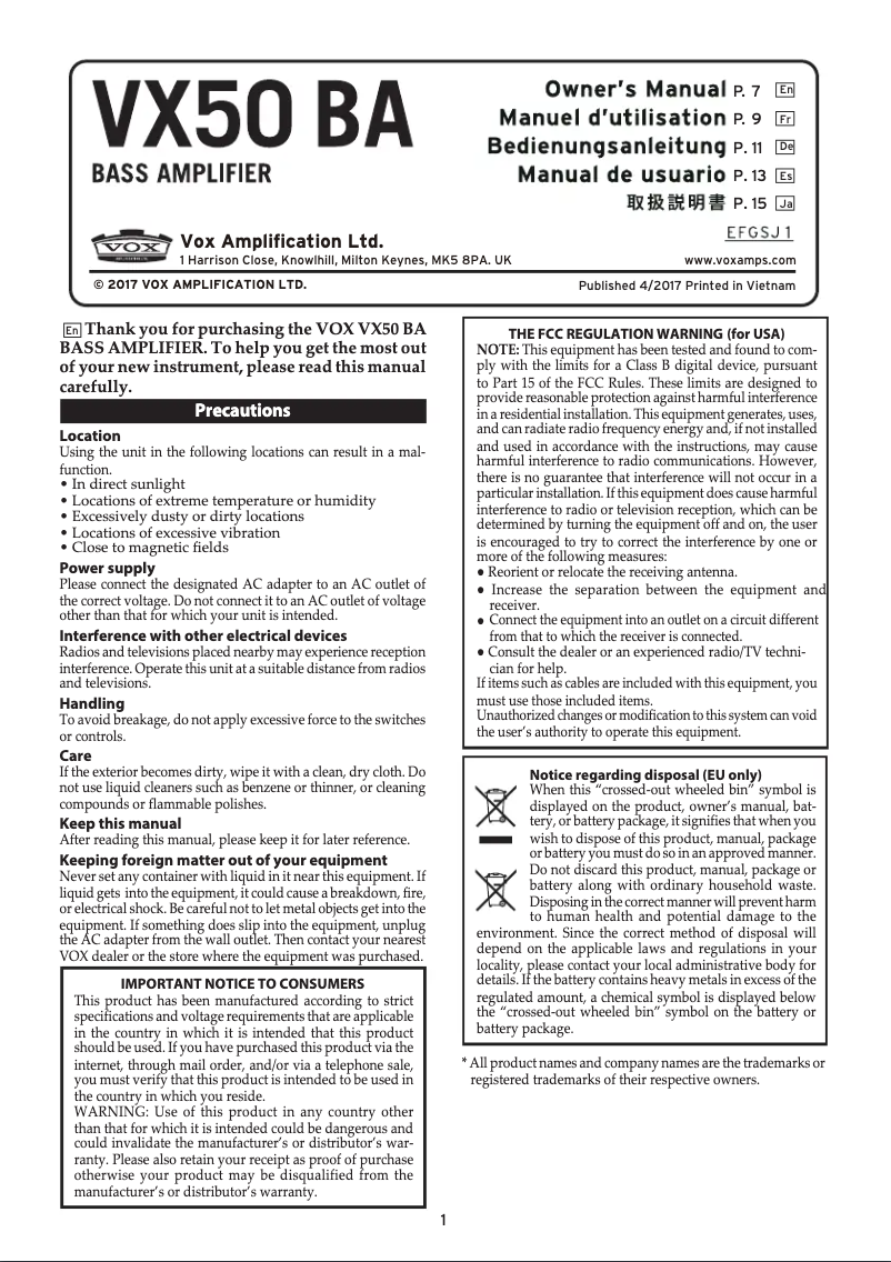 Page 1 de la notice Manuel utilisateur VOX VX50 BA
