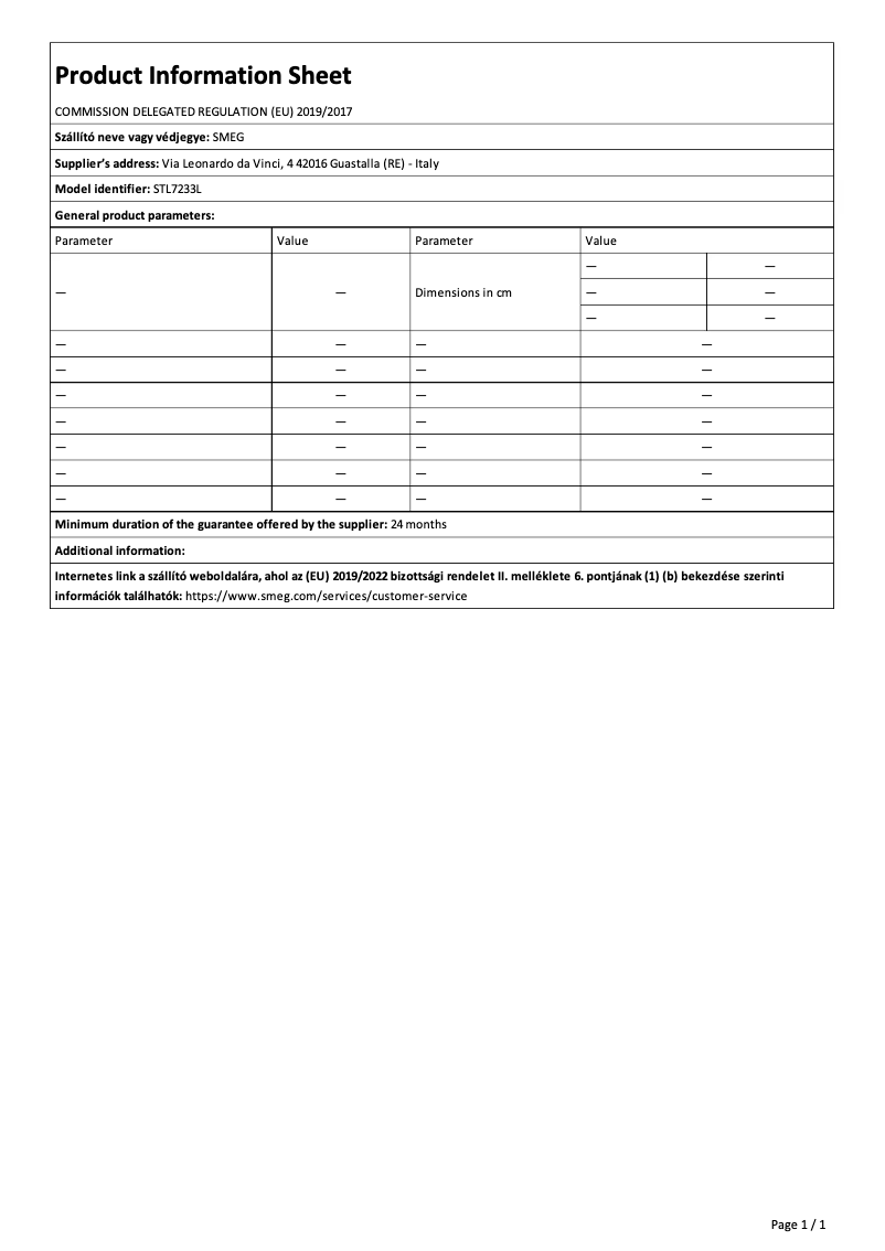 Page n°1 - Fiche technique Smeg STL7233L