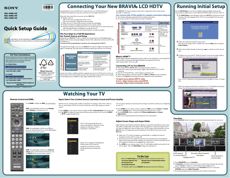Page 1 de la notice Guide d'installation Sony Bravia KDL-46WL140