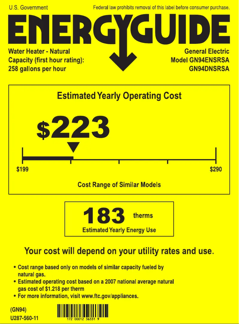 Page 1 de la notice Label énergétique GE GN94DNSRSA