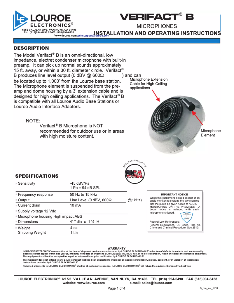 Page n°1 - Manuel utilisateur Louroe Electronics Verifact B