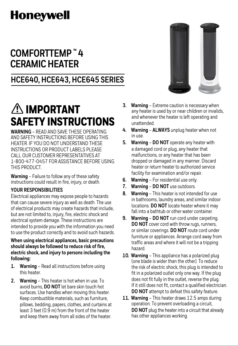 Image de la première page du manuel de l'appareil ComfortTemp 4 HCE640B
