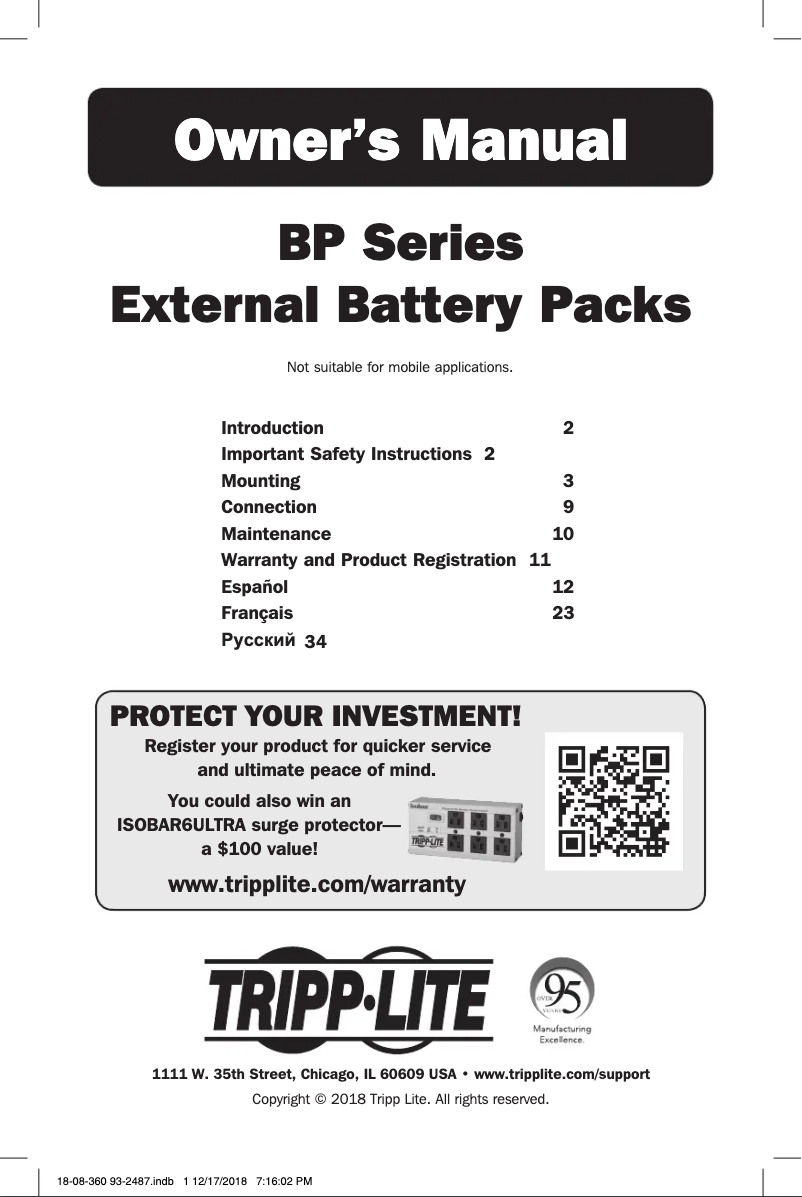Page 1 de la notice Manuel utilisateur Tripp Lite BP72V15-2U