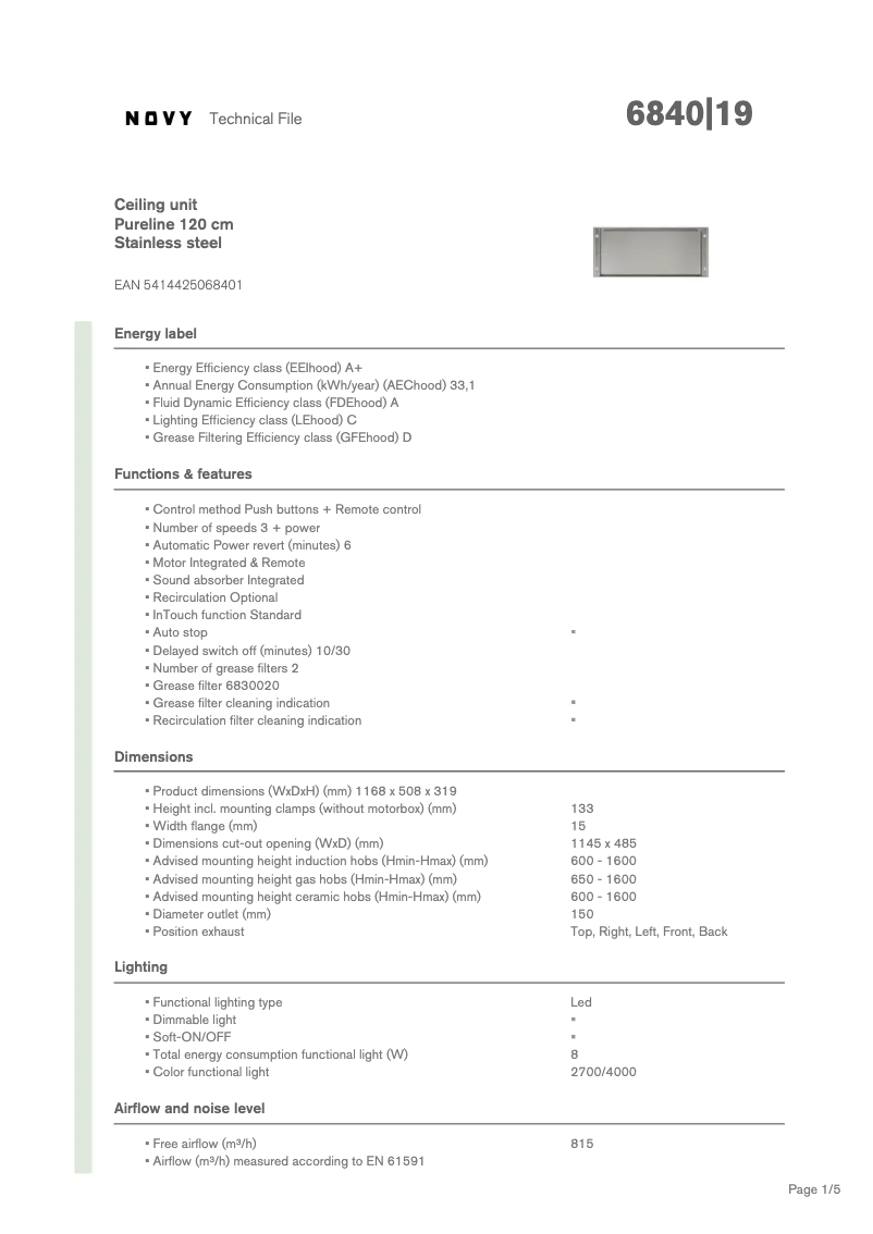 Page 1 de la notice Fiche technique Novy Pure'line 6840