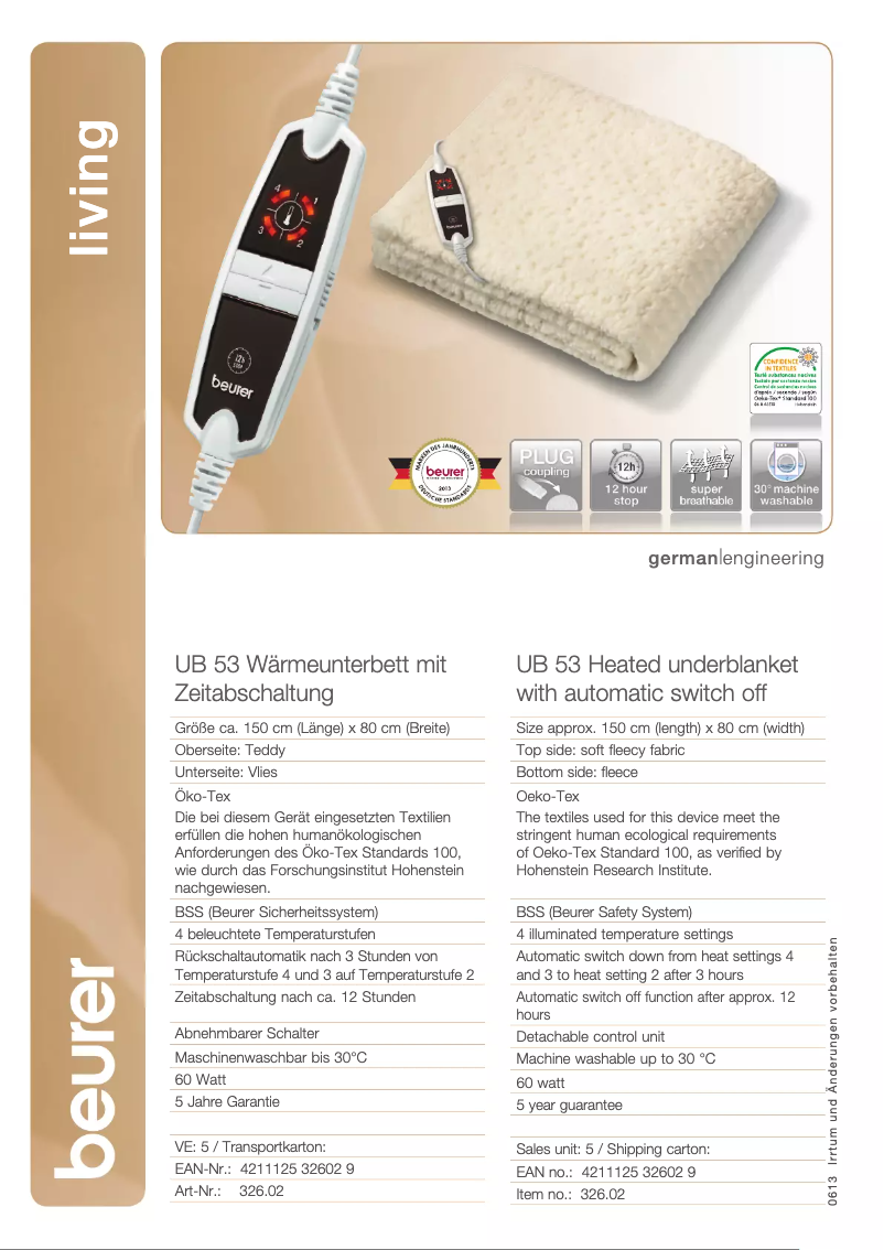 Page n°1 - Fiche technique Beurer UB 53 Teddy Single