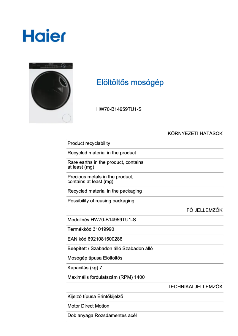 Page 1 de la notice Label énergétique Haier HW70-B14959TU1