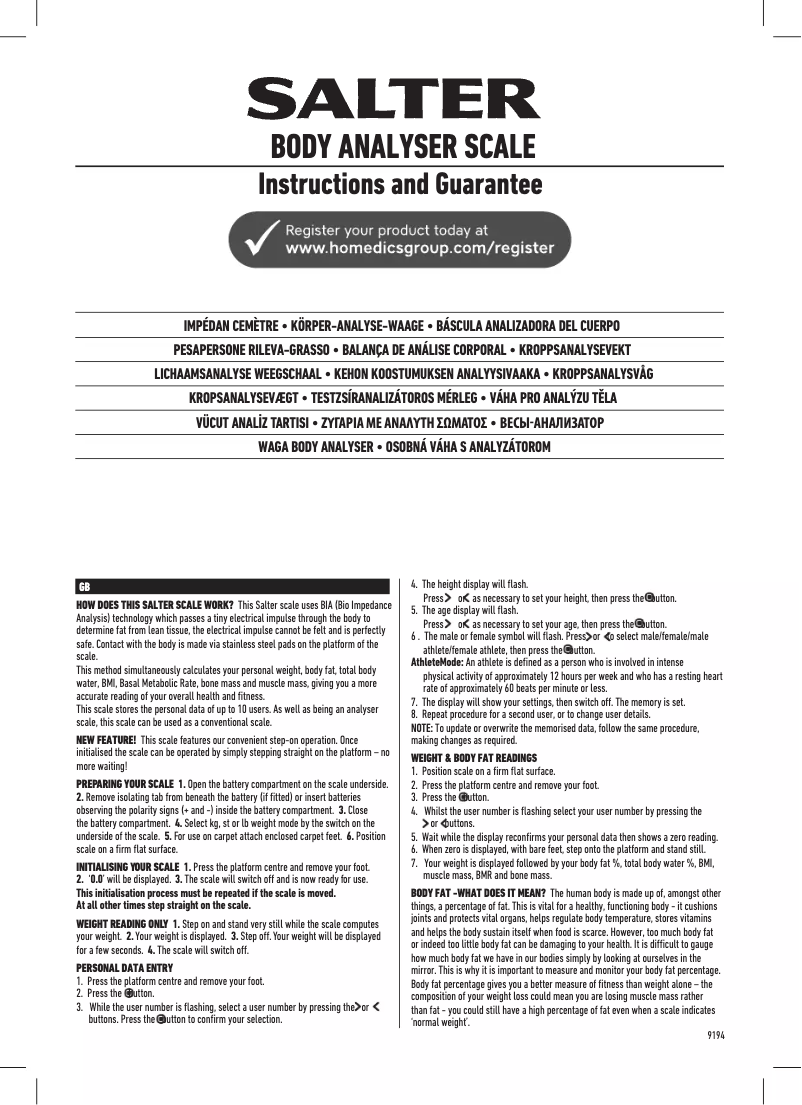 Image de la première page du manuel de l'appareil 9194 Body Analyser