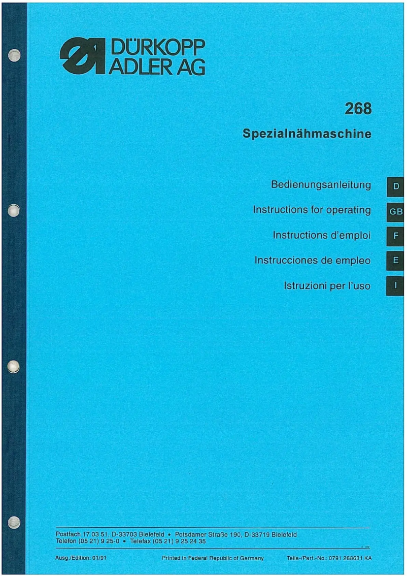 Page 1 of the manual User Manual Dürkopp Adler 268