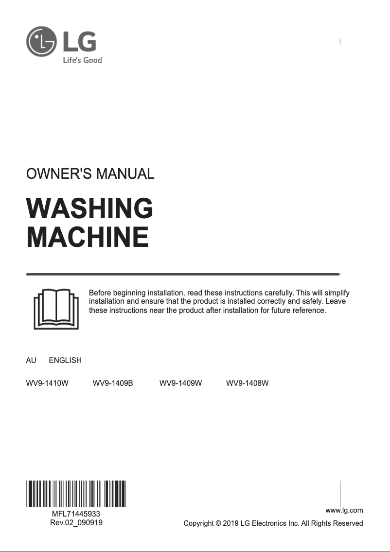 Page 1 de la notice Manuel utilisateur LG WV9-1409B