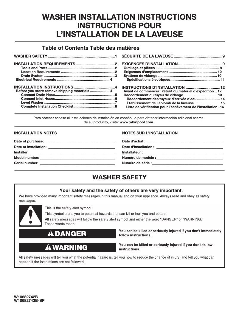Page n°1 - Guide d'installation Maytag MVWB865G