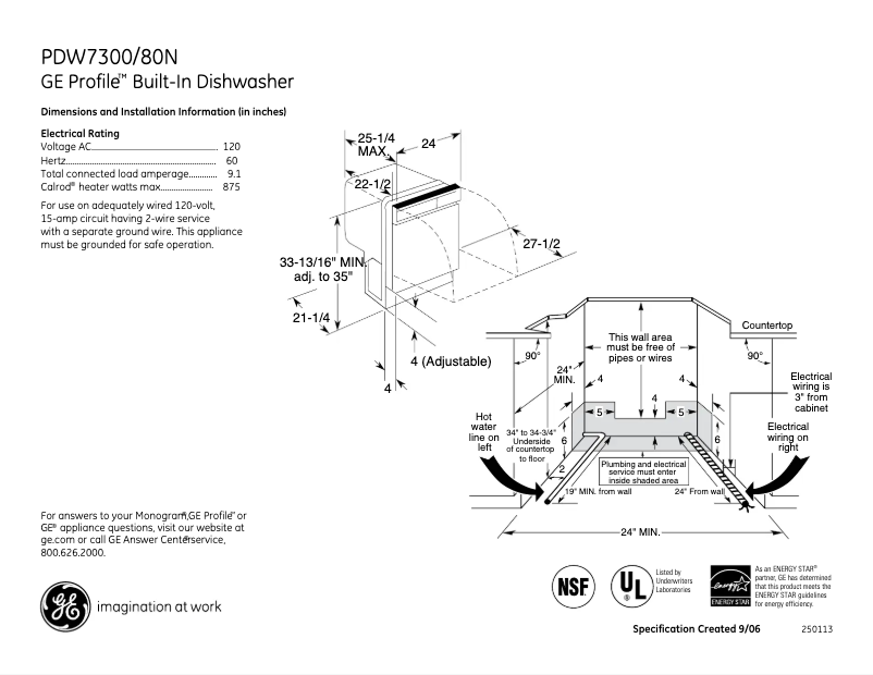 Page 1 de la notice Fiche technique GE Profile PDW7380NSS