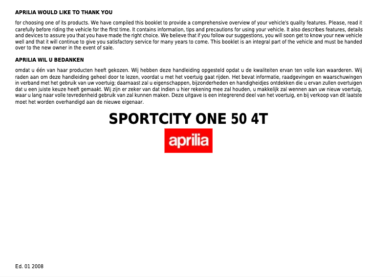 Page n°1 - Manuel utilisateur Aprilia Sportcity One 50 4T (2008)