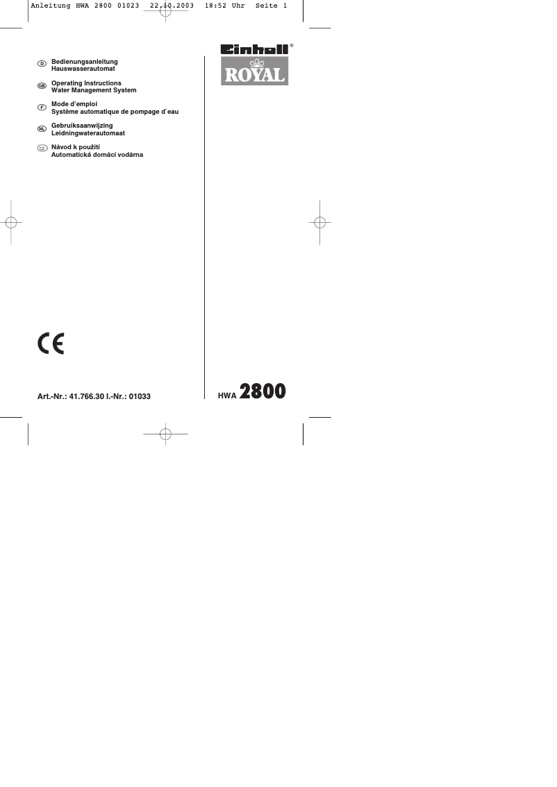 Image de la première page du manuel de l'appareil Royal HWA 2800