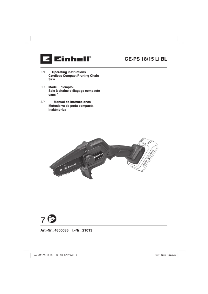 Page n°1 - Manuel utilisateur Einhell GE-PS 18/15 Li BL