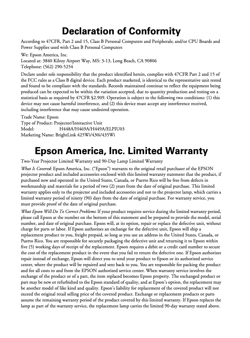 Page 1 de la notice Informations de garantie Epson BrightLink 435Wi