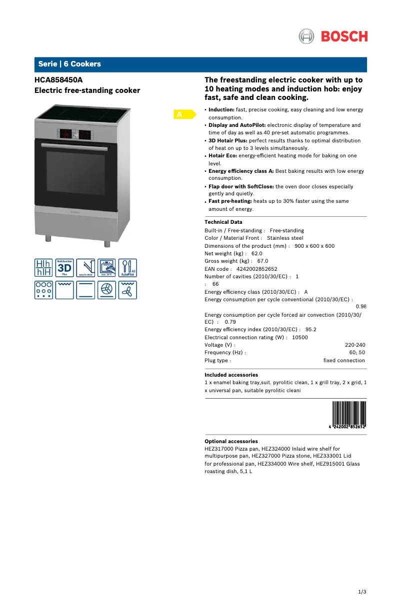 Page 1 de la notice Fiche technique Bosch HCA858450A