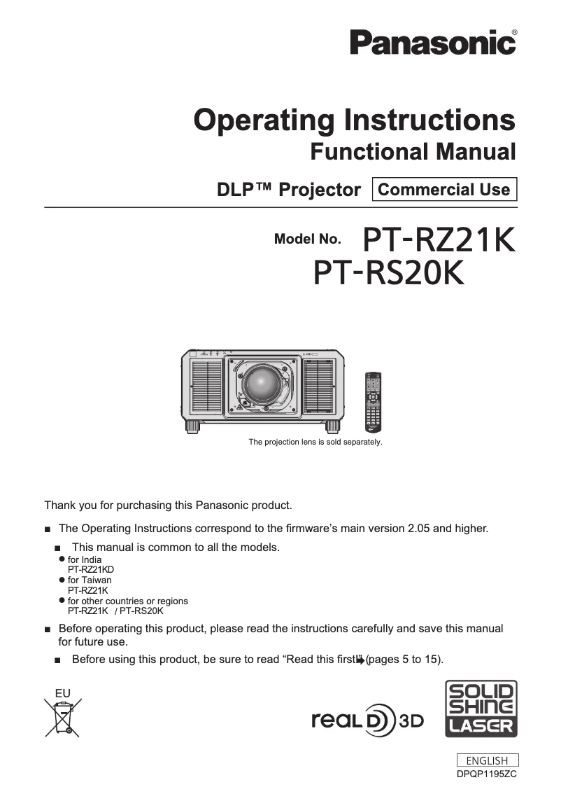 Page n°1 - Manuel utilisateur Panasonic PT-RS20K