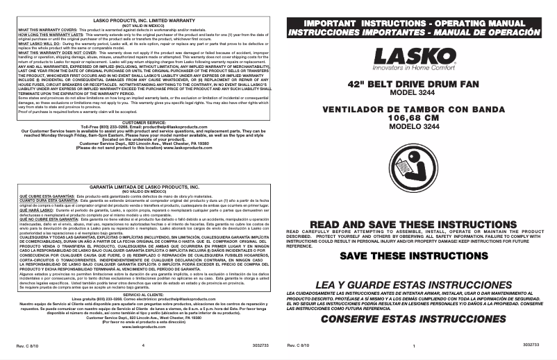 Page 1 of the manual User Manual Lasko 3244