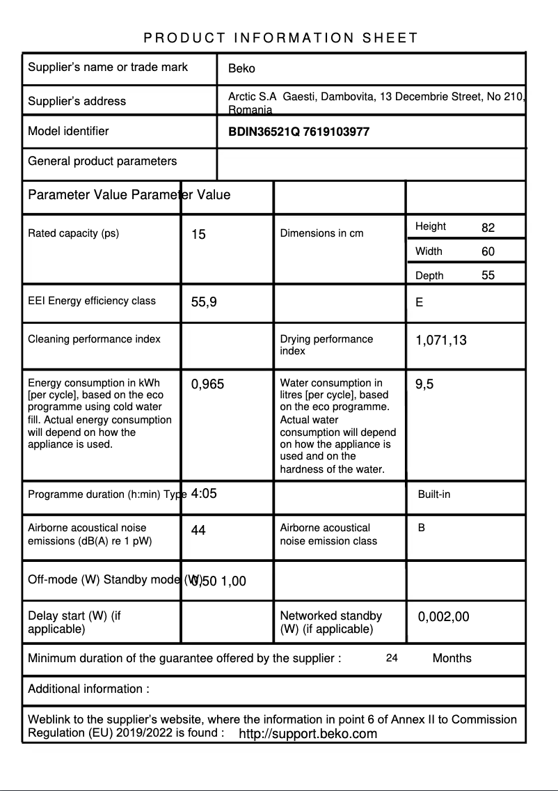 Page 1 de la notice Fiche technique Beko BDIN36521Q