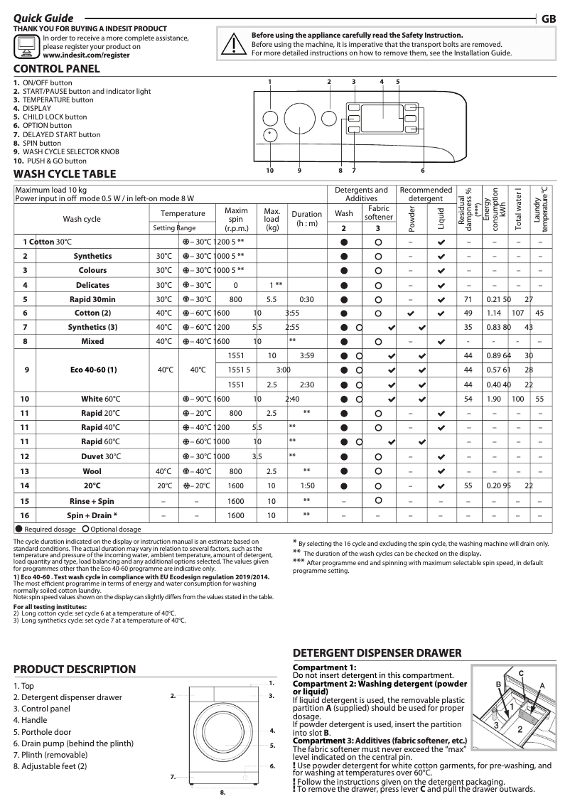 Page n°1 - Manuel utilisateur Indesit BWE 101685X W UK N