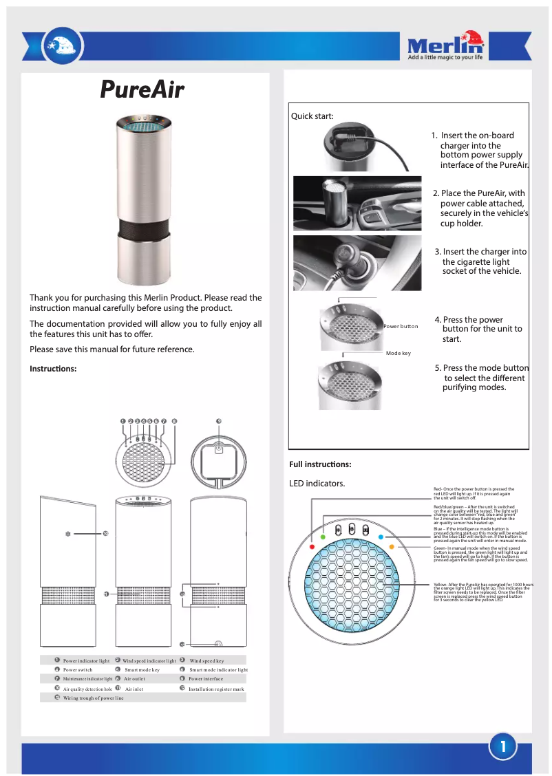Page 1 de la notice Manuel utilisateur Merlin PureAir