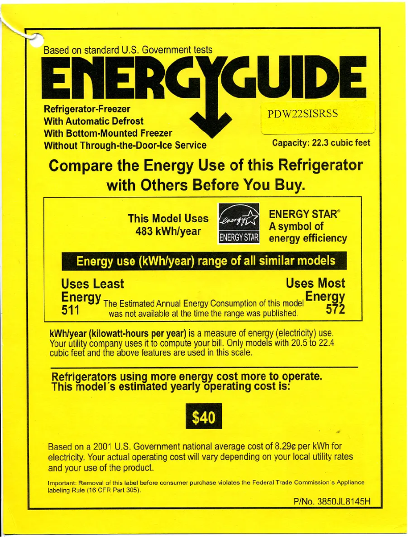 Page 1 of the manual Energy Label GE PDW22SISRSS