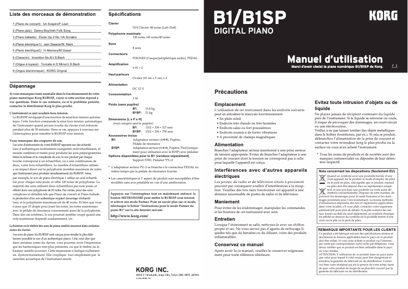 Page 1 de la notice Manuel utilisateur Korg B1SP
