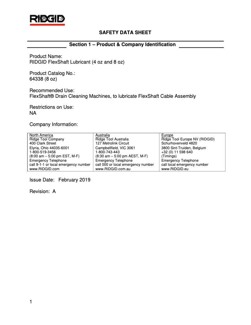 Page 1 de la notice Fiche technique Ridgid FlexShaft K9-204+