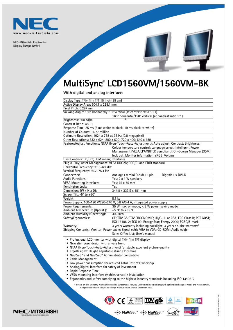 Page 1 de la notice Fiche technique NEC MultiSync LCD1560VM