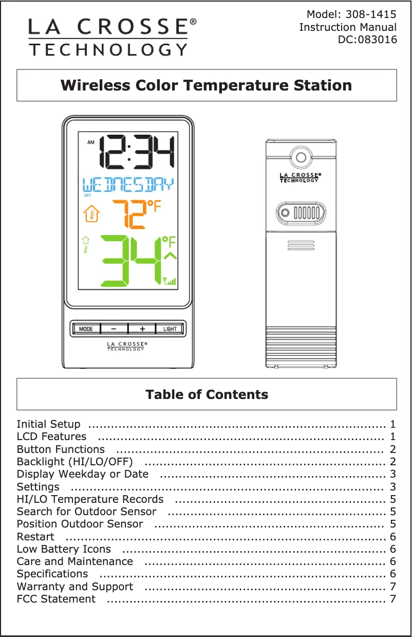 Page n°1 - Manuel utilisateur La Crosse Technology 308-1415V2
