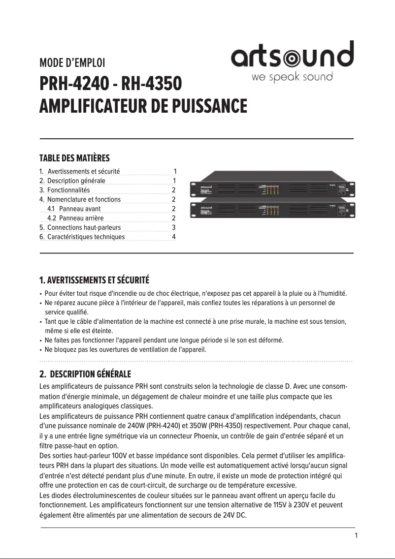 Page n°1 - Manuel utilisateur Artsound PRH-4350