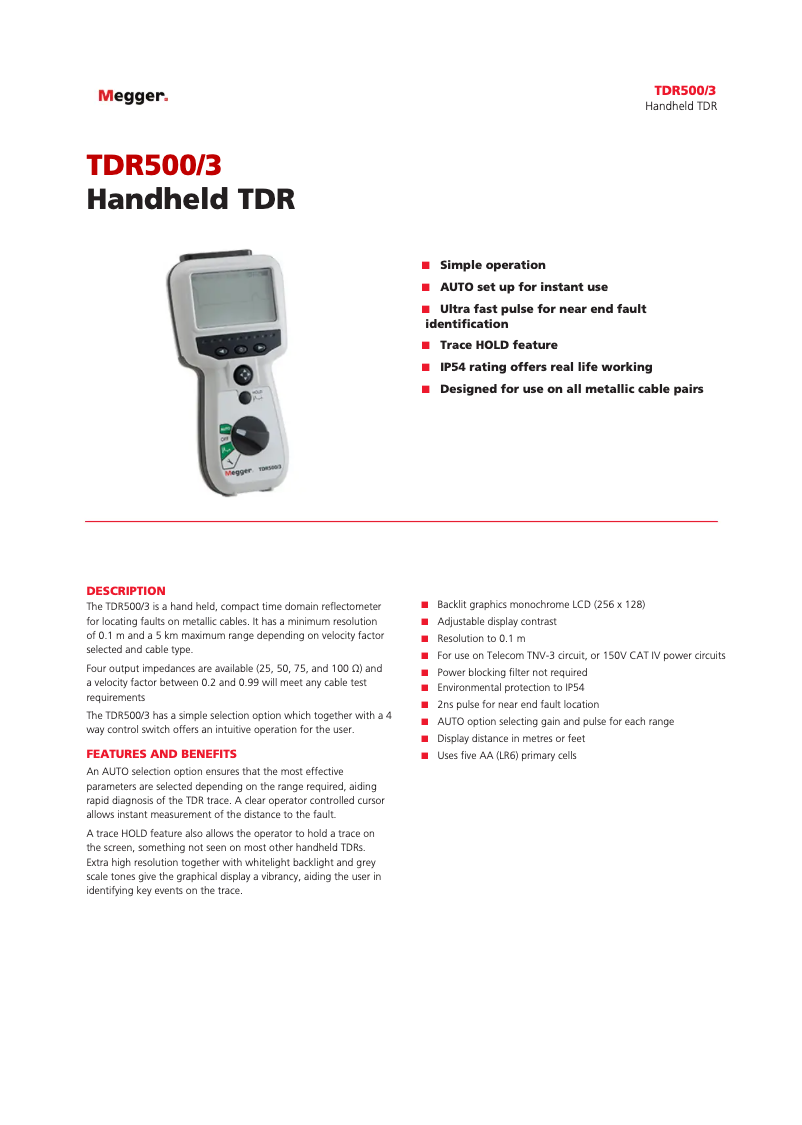 Page 1 de la notice Fiche technique Megger TDR500/3