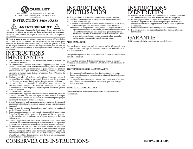 Page 1 de la notice Manuel utilisateur Ouellet OAS10036T