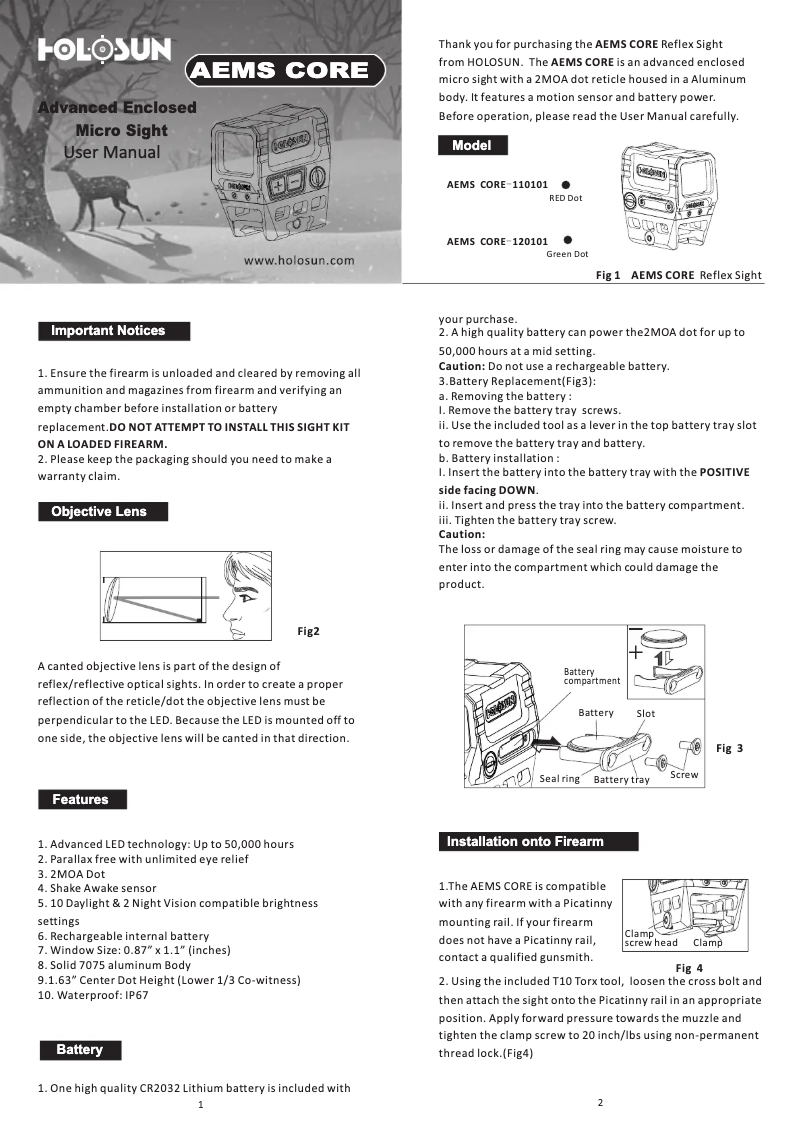 Page 1 de la notice Manuel utilisateur Holosun AEMS-CORE-120101