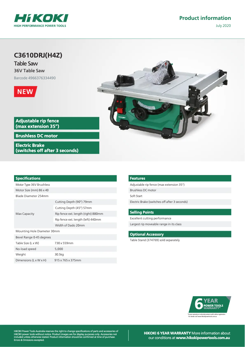 Page 1 de la notice Fiche technique HiKOKI C3610DRJ