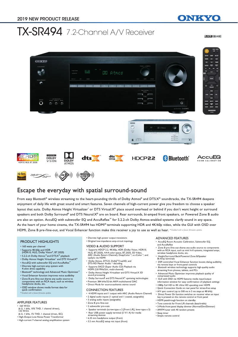 Page 1 de la notice Fiche technique Onkyo TX-SR494B