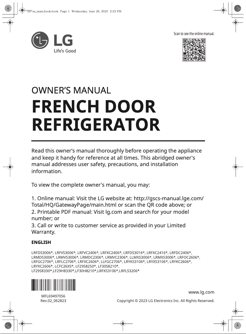 Page 1 de la notice Manuel utilisateur LG LRYXS3106D