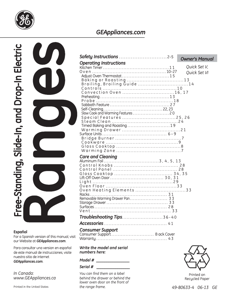 Page n°1 - Manuel d'utilisation et d'entretien GE JB870STSS