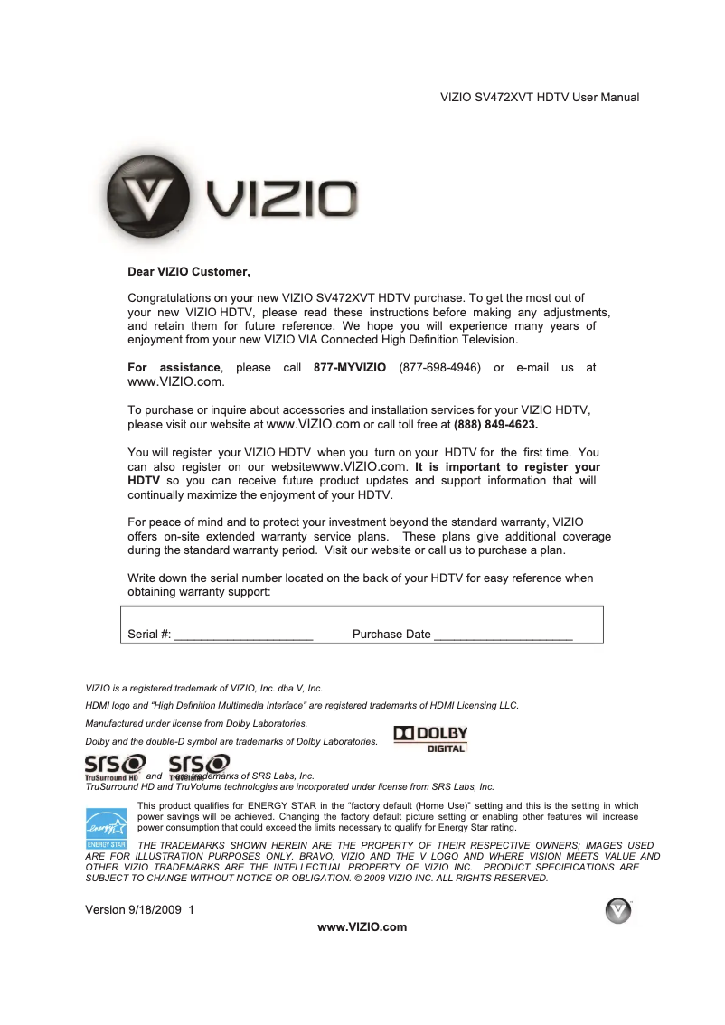 Page 1 of the manual User Manual VIZIO SV472XVT