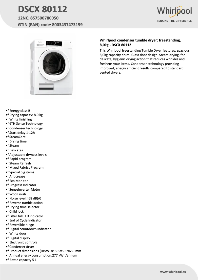 Página 1 del manual Ficha técnica Whirlpool DSCX 80112