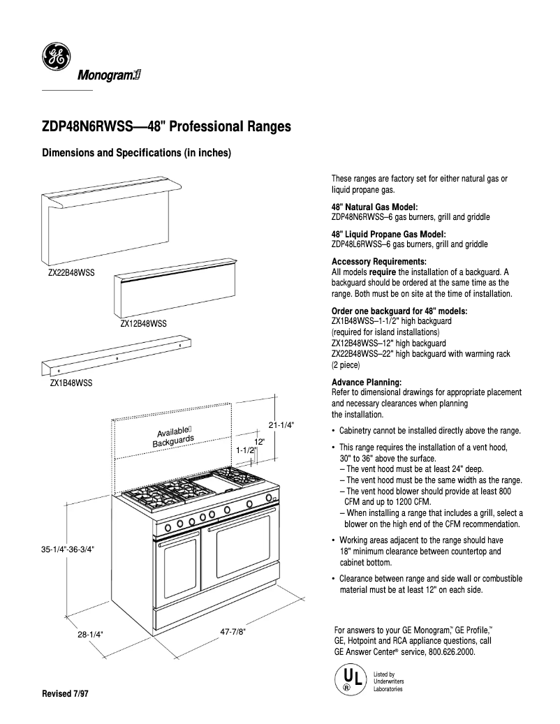 Page n°1 - Fiche technique GE ZDP48N6RWSS