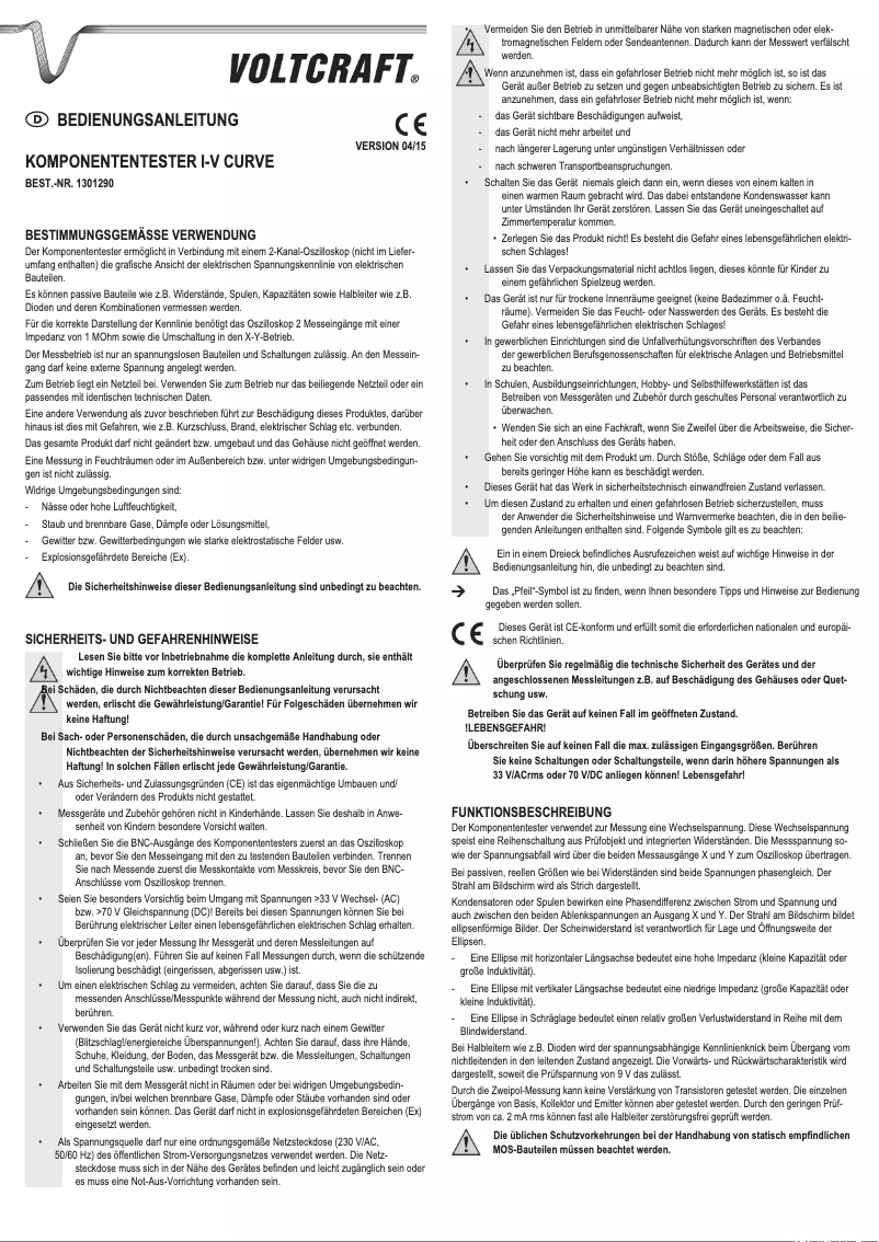 Page 1 de la notice Manuel utilisateur Voltcraft I-V CURVE