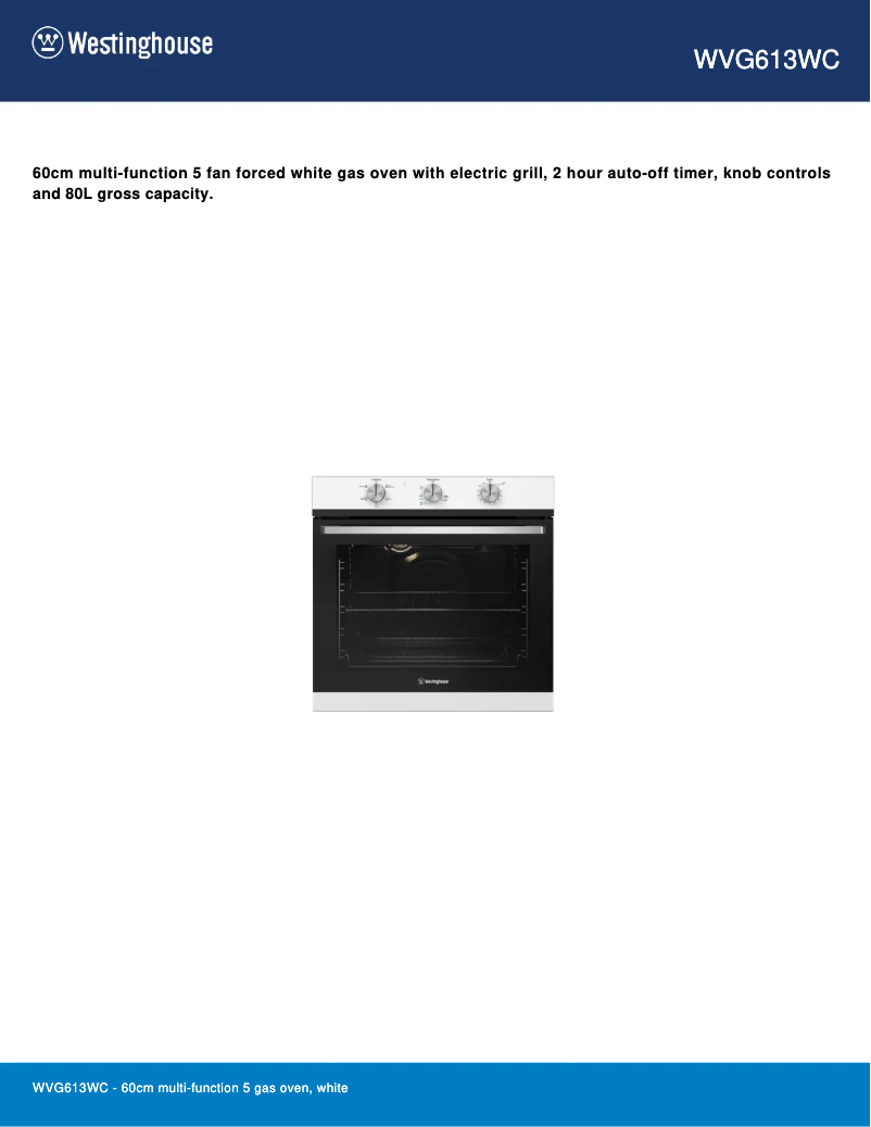 Page 1 de la notice Fiche technique Westinghouse WVG613WCNG
