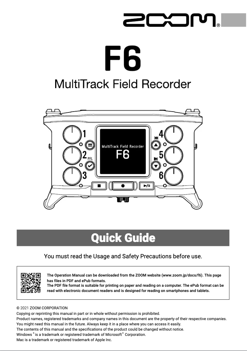 Page 1 de la notice Guide de démarrage rapide Zoom F6