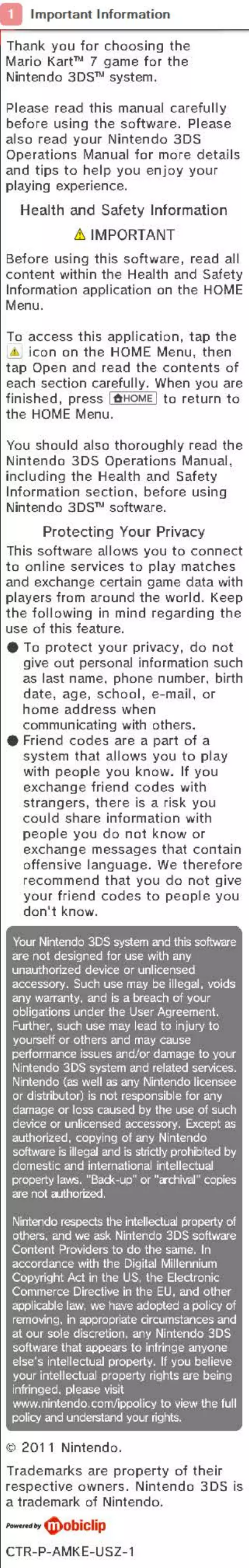 Page 1 de la notice Manuel utilisateur Nintendo (3DS)Mario Kart 7