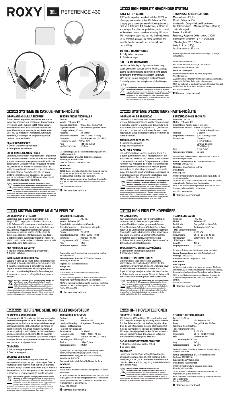 Page 1 de la notice Manuel utilisateur JBL Reference 430