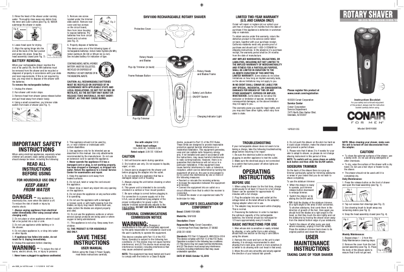 Page 1 de la notice Manuel utilisateur Conair SHV1000
