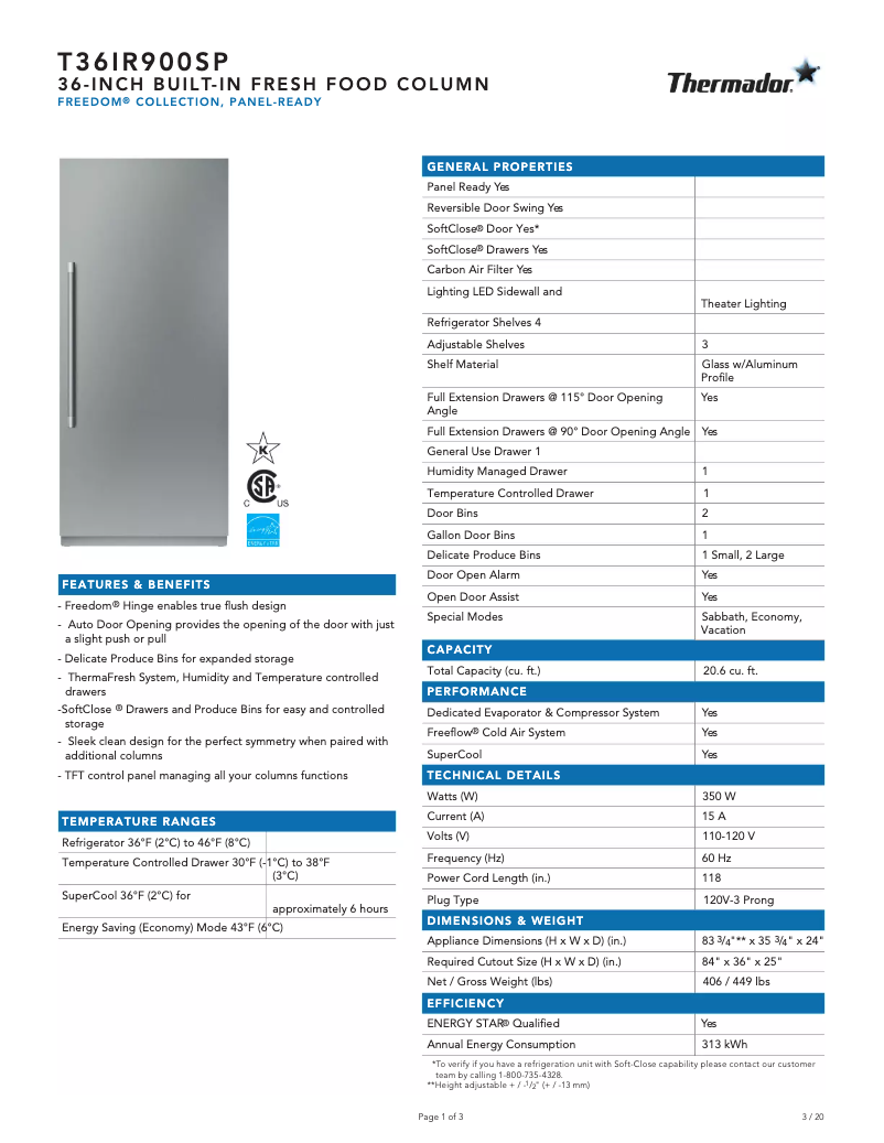 Page 1 de la notice Fiche technique Thermador T36IR900SP