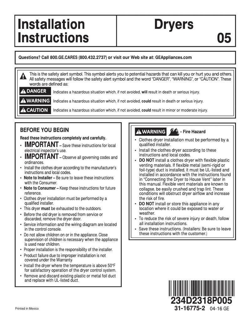 Page 1 de la notice Guide d'installation GE HTX24GASKWS