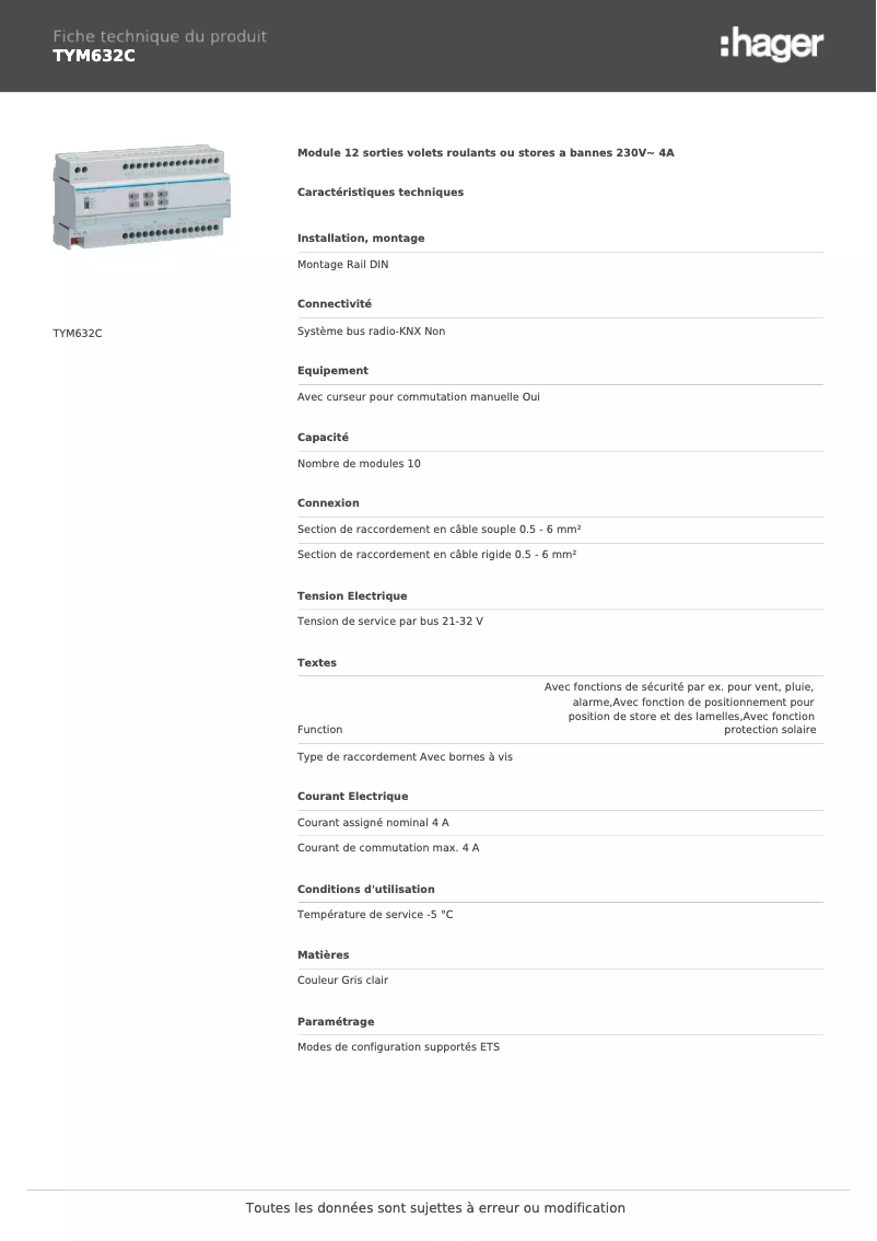 Page n°1 - Fiche technique Hager TYM632C